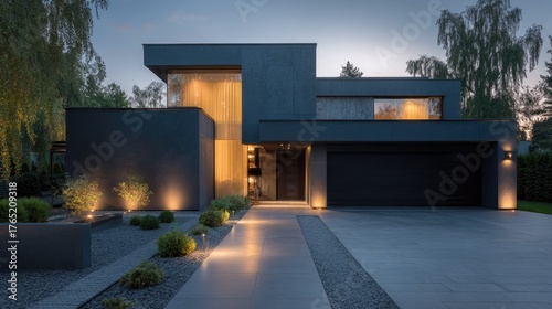 Bright contemporary family house with large windows, minimalist garden path, and modern lighting highlighting clean design