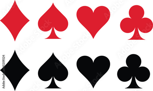 Playing card suit symbols set, flat vector illustration of hearts, spades, clubs, diamonds, red and black casino game icons