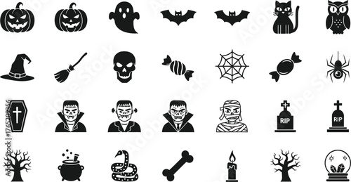 Collection of spooky halloween icons including pumpkins ghosts bats skulls witches and monsters isolated on transparent background