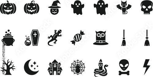 Collection of spooky halloween icons including pumpkins ghosts skulls witches hats and more isolated on transparent background