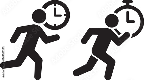 Two running figures with clocks silhouette