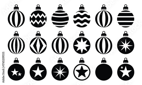 Christmas Ornament Icons Set, Black and White Christmas Ball Set, Decorative Bauble Icons, Vector Collection of Holiday Ornaments , vector, illustration.