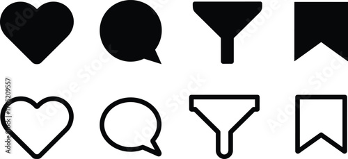 User interface icons set, flat vector illustration of heart, speech bubble, funnel filter, bookmark, filled and outline black symbols