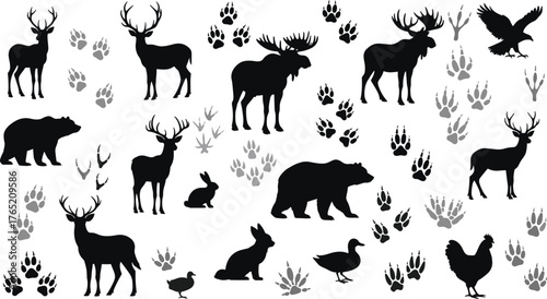 Wild animal silhouette vector set with deer, bear, moose, bird, rabbit and footprints for wildlife, forest, and nature design