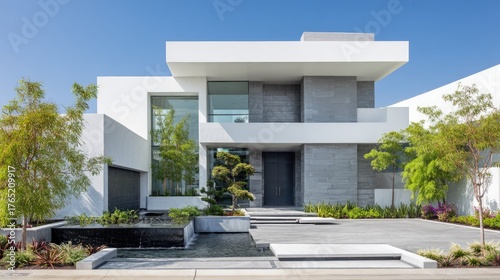 Minimalist contemporary home with white and gray tones, floating roof design, and garden courtyard with water feature