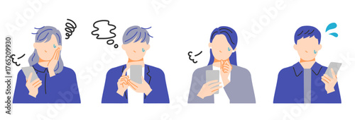 スマホを持って悩んでいる様々なビジネスパーソンのイラスト。フラットデザイン。