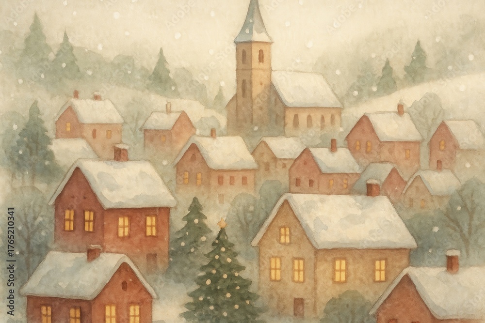 Naklejka premium Charming snowy village scene