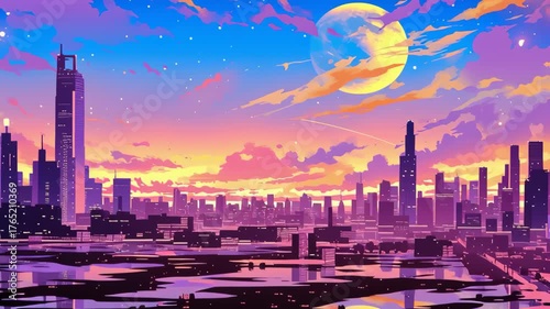 Vibrant city skyline sunset showcases colorful clouds, large moon, and modern architecture reflecting serene water, creating tranquil atmosphere