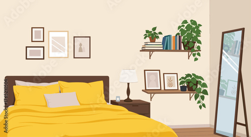 A cozy bedroom filled with plants and art.