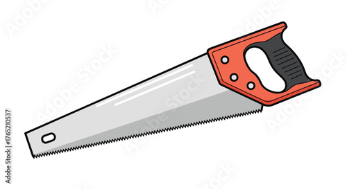 A hand saw with a red handle for cutting wood and other materials.