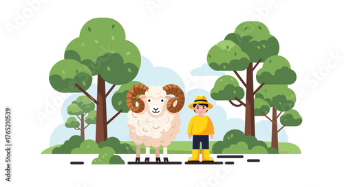 A farmer stands with a large ram in a pastoral landscape.