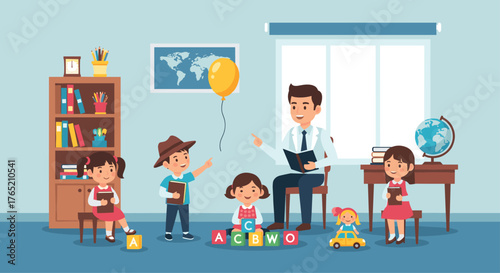 Teacher leading a fun educational activity with young children and alphabet blocks.