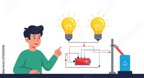 A boy demonstrates a simple electric circuit with two light bulbs and a battery.