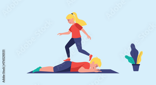Young woman assisting her friend with a back stretch on a yoga mat.