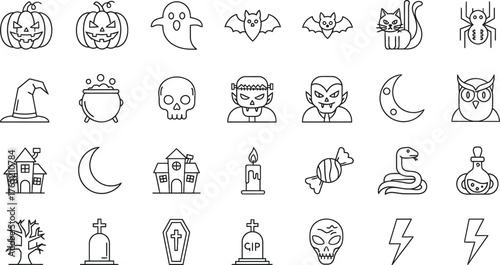 Collection of hand drawn halloween icons featuring spooky characters and symbols isolated on transparent background