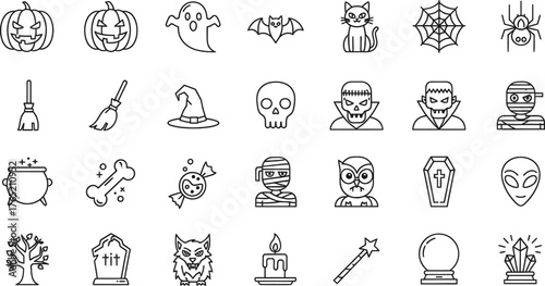 Collection of spooky halloween icons and symbols in a hand drawn sketch style isolated on transparent background