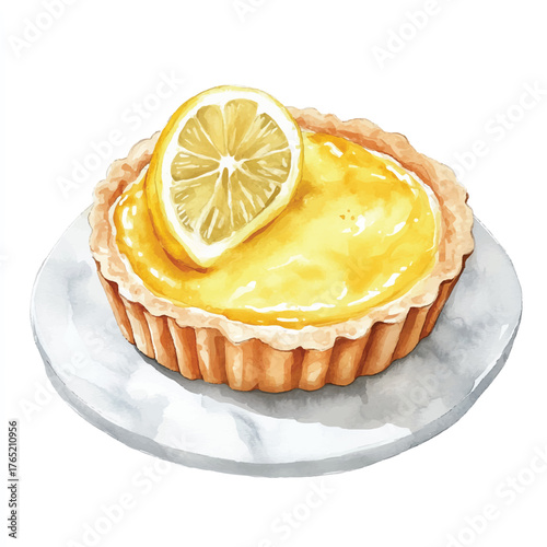 Delicious Lemon Tart with Fresh Lemon Slice on a Marble Plate.