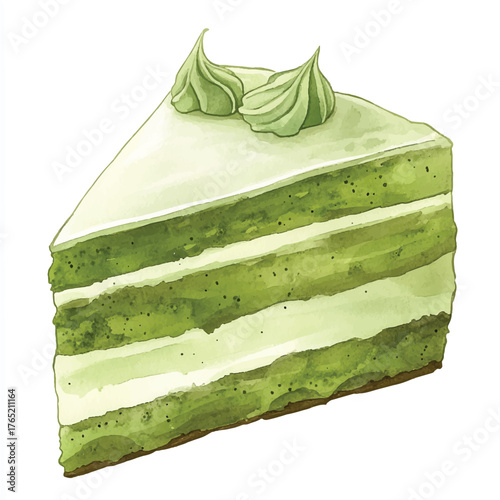 Delicious matcha green tea cake slice with creamy layers and frosting.
