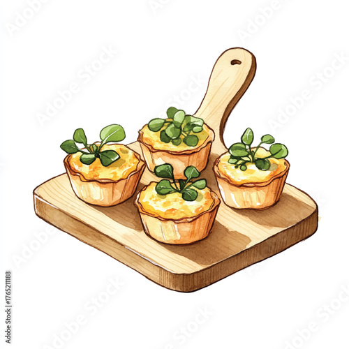 Delicious mini quiches with fresh herbs on a wooden board 1.