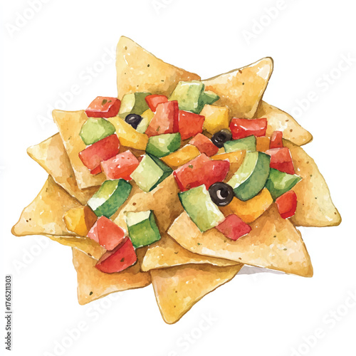 Delicious Nachos with Fresh Toppings Watercolor Illustration.