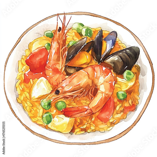 Delicious Paella Dish with Seafood and Vegetables.