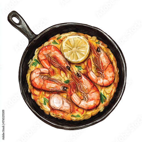 Delicious Paella with Shrimp and Lemon in a Skillet.