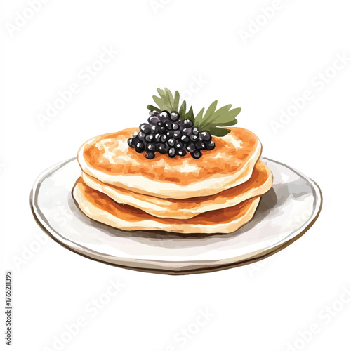 Delicious pancakes topped with black caviar.