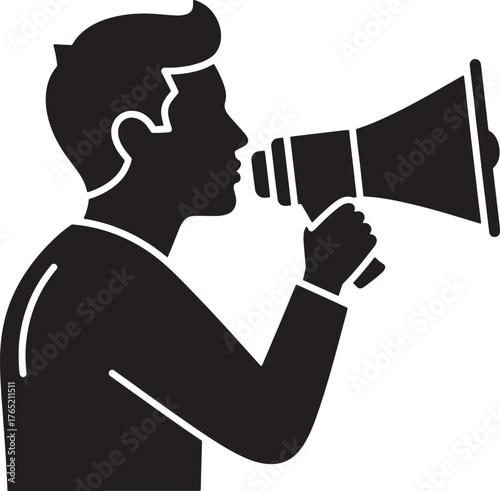 Vector image of a man with a megaphone on a white background.