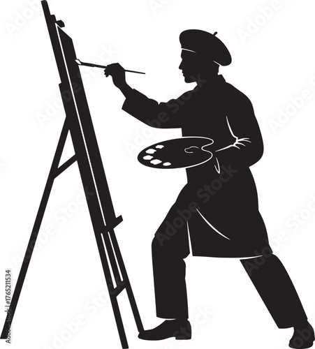 Painter with a brush and palette on an easel on a white background.