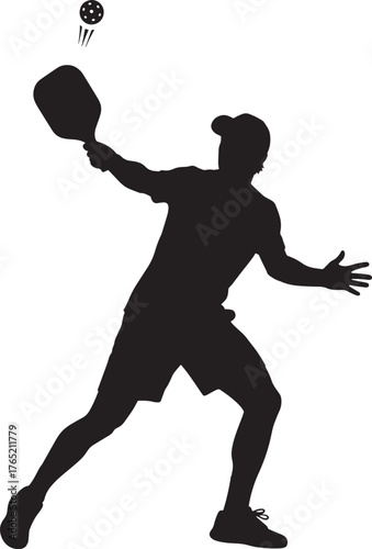 Illustration of baseball player silhouette with ball and bat on white background.