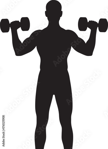 Silhouette of a man with dumbbells on white background.