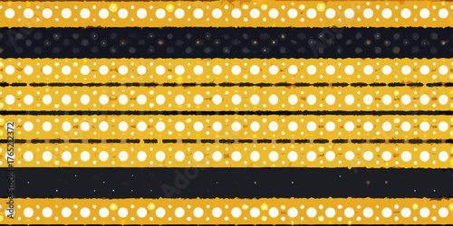 Abstract geometric pattern with horizontal stripes of yellow and black punctuated by white circles