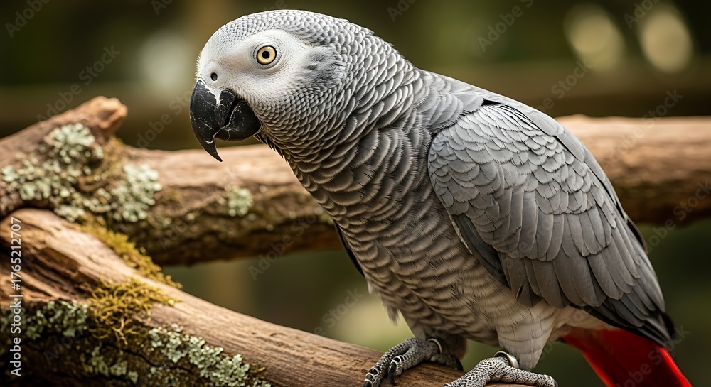 Fototapeta premium African Grey Parrot Perched on Branch - A Captivating Avian Portrait.