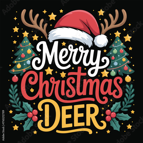Merry Christmas deer, antlers with holly, winter wreath elements, hand drawn script, festive greeting badge, vintage vector illustration