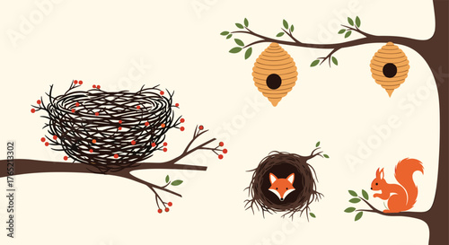 Charming woodland scene featuring a cozy nest with berries, a fox peeking from its den, a squirrel on a branch, and beehives on trees, perfect for educational or whimsical projects.