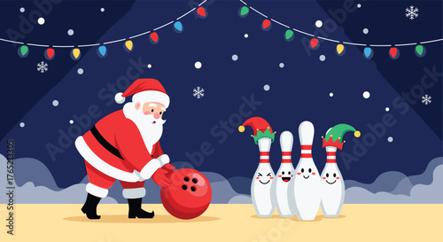 Santa Claus playfully bowling with cute, smiling Christmas pins under festive string lights and falling snow