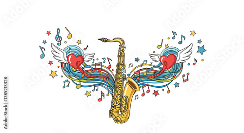 Vibrant saxophone with whimsical winged hearts and colorful musical notes evokes joy and passion for music