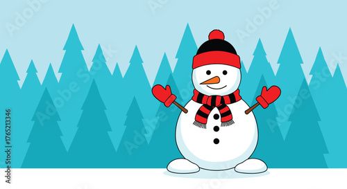 Joyful snowman with red hat and scarf stands welcomingly in a vibrant winter forest scene, perfect for festive holiday promotions and designs