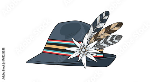 Iconic Alpine hat adorned with delicate edelweiss and natural feathers, perfect for festive celebrations and traditional cultural events