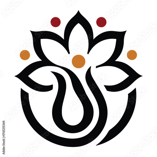 Black abstract lotus flower with orange and red dots