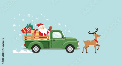 Santa Claus joyfully delivers Christmas presents in a vintage green truck, accompanied by a festive reindeer, spreading holiday cheer during a gentle snowfall.