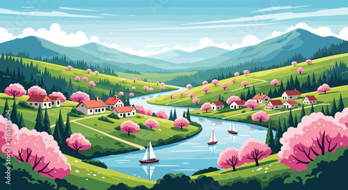Serene springtime village nestled in rolling hills with a winding river and blooming cherry trees, inviting peaceful living.