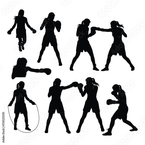 Female boxing training silhouettes in various poses on a white background
