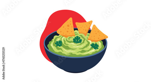 Fresh, vibrant guacamole and crispy tortilla chips served in a dark bowl with a splash of red abstract background, perfect for party or snack themes.