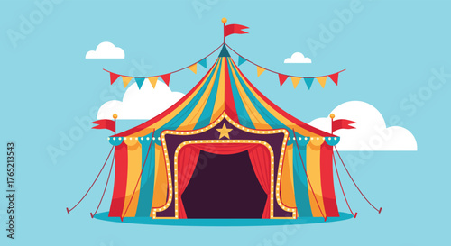 Vibrant, colorful circus tent with red curtains open, ready for dazzling performances under a bright blue sky with fluffy clouds, inviting fun and excitement for all ages.