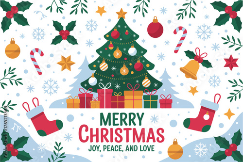 Merry Christmas joy peace love card, decorated tree, festive icon pattern background, winter celebration poster, vector