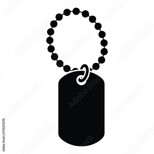 Silhouette of a military dog tag hanging from beaded chain for identification