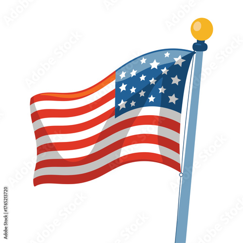 Waving national flag illustration, flagpole with finial, red stripes and stars, patriotic symbol, windy fabric movement, detailed vector
