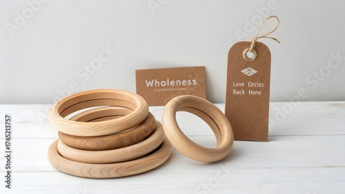 Wooden stacking rings next to a tag and card