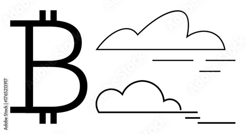 Large Bitcoin symbol beside two simple clouds with line accents. Ideal for blockchain, finance, digital currency, investment, innovation, economy, futuristic design. Clean flat metaphor